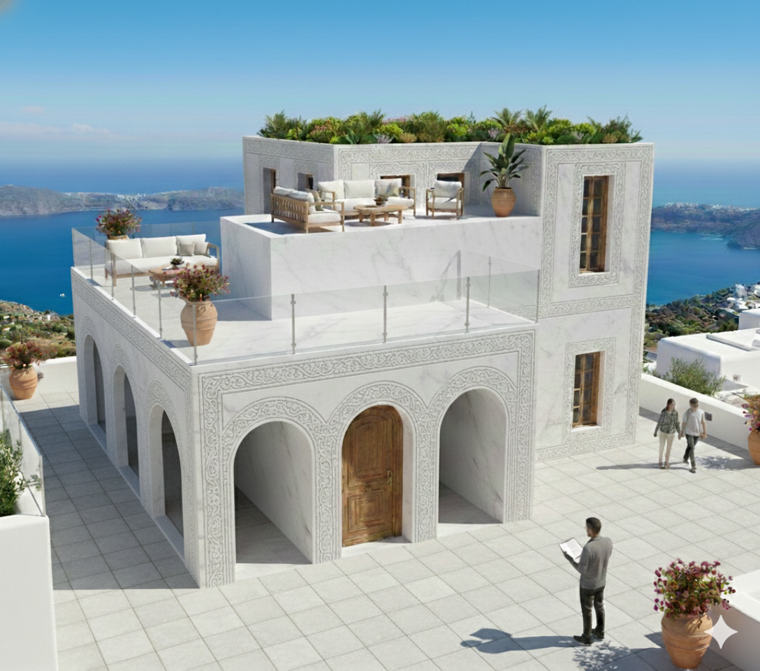 The same house in flat daylight with the sea behind