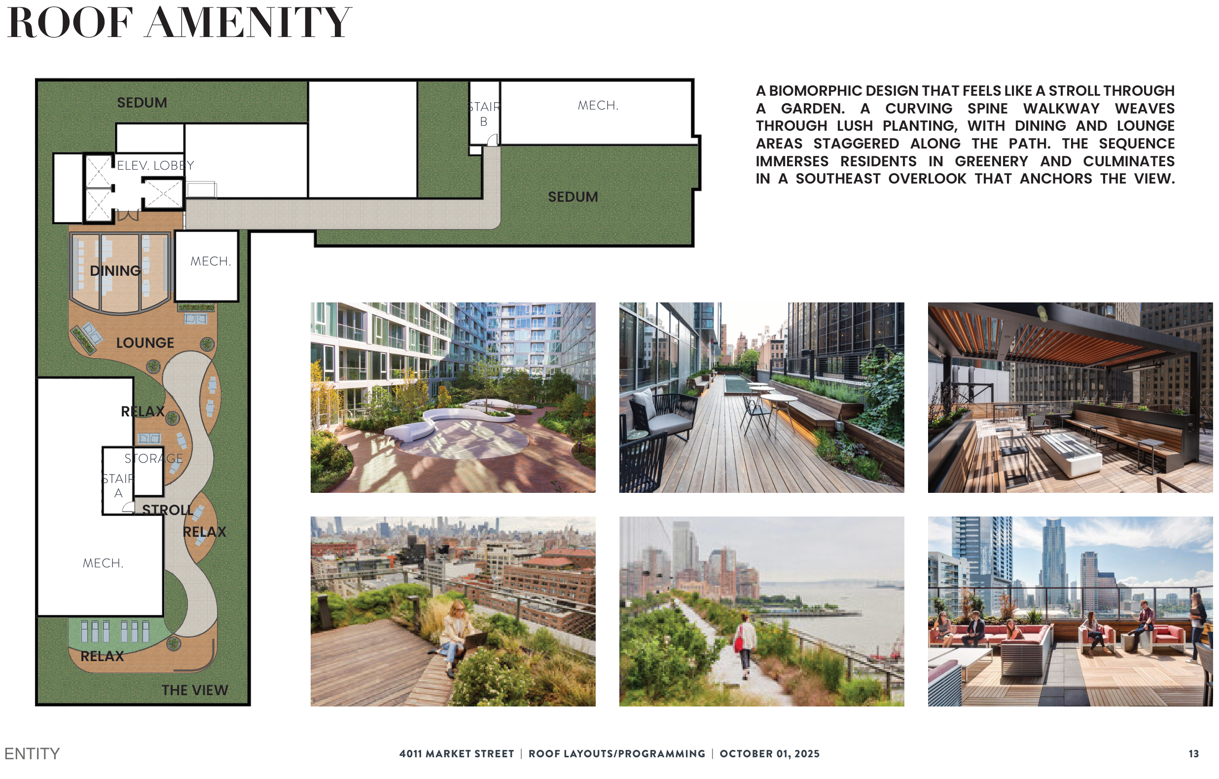 Roof amenity plan showing a curving walkway through planting linking dining, lounge and play zones