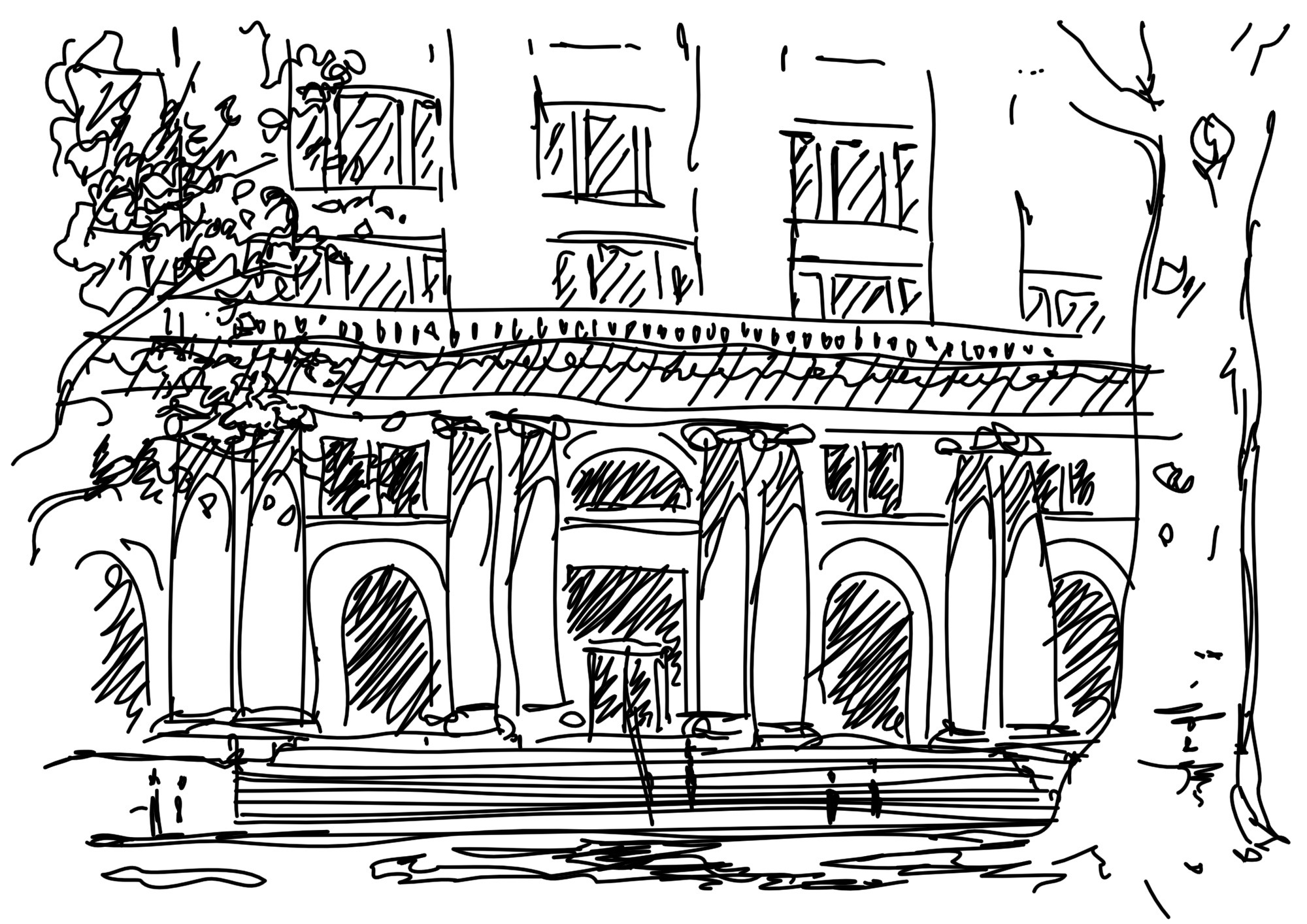 Arcade and courtyard study, pen on paper